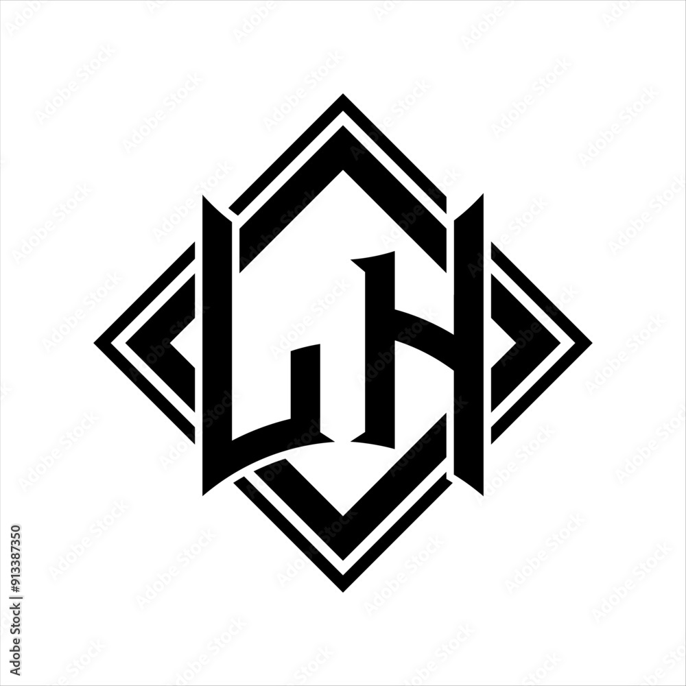 LH Letter logo with abstract shield shape with square black outline on white background design LH Letter logo with abstract shield shape with square black outline on white background design