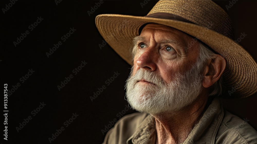 Profile Portrait of an Elderly Man with White Hair and Beard, Wearing a Wide-Brimmed Hat and Safari Jacket, Illuminated by Natural Light Against a Dark Brown Background Profile Portrait of an Elderly Man with White Hair and Beard, Wearing a Wide-Brimmed Hat and Safari Jacket, Illuminated by Natural Light Against a Dark Brown Background