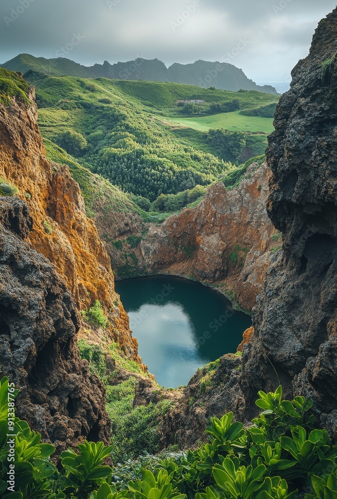 Obraz premium A serene landscape of a volcanic crater with a small lake at the bottom, framed by unique geological structures and lush greenery