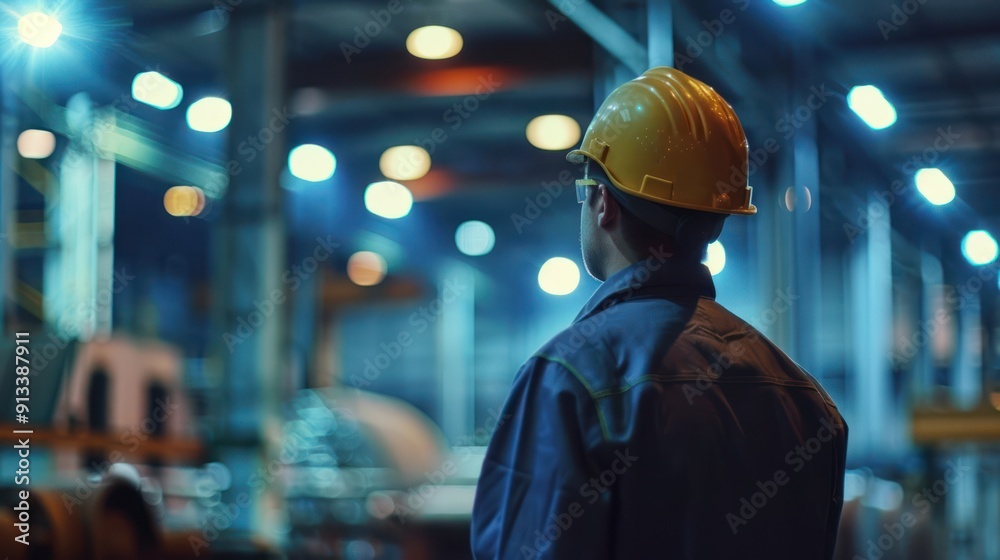 Worker in a Yellow Hard Hat Stands in a Factory Worker in a Yellow Hard Hat Stands in a Factory