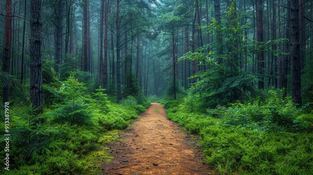 Naklejka premium A path winds through a dense forest, leading the viewer into a realm of mystery and tranquility.