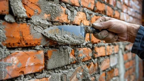 Hand Using a Trowel to Smooth Mortar Between Bricks photo
