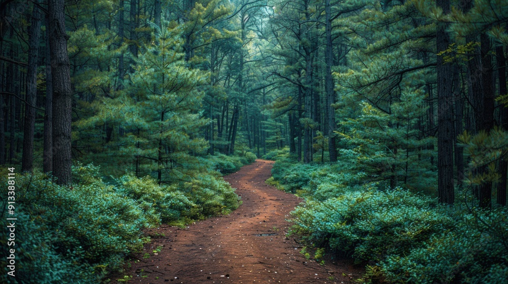 A path winds through a dense forest, leading the viewer into a realm of mystery and tranquility.
