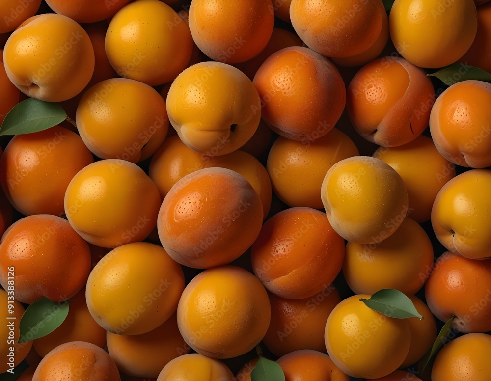 Delicious ripe sweet apricots on orange background, flat lay Delicious ripe sweet apricots on orange background, flat lay