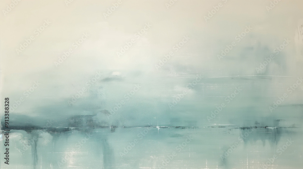 Misty Blue Landscape Painting, Ethereal Calmness, Atmospheric Art with Light Brush Strokes Misty Blue Landscape Painting, Ethereal Calmness, Atmospheric Art with Light Brush Strokes