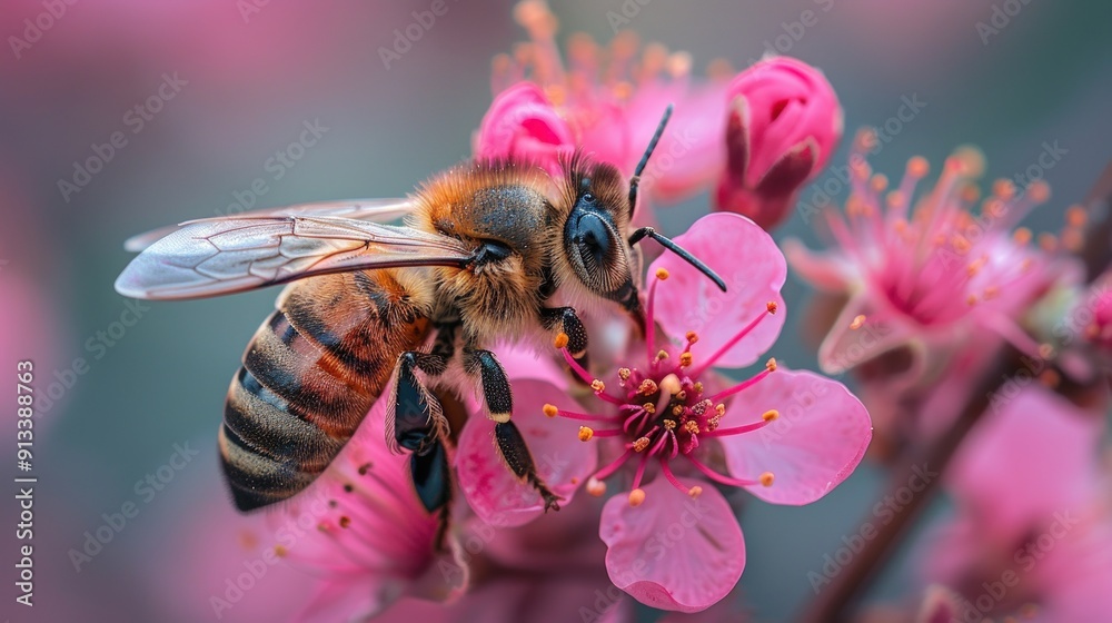 A close-up shot of a bee pollinating a pink flower. A close-up shot of a bee pollinating a pink flower.