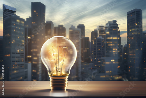 Business sketch with target light bulb on panoramic city background. Success and startup concept. 3D Rendering  photo