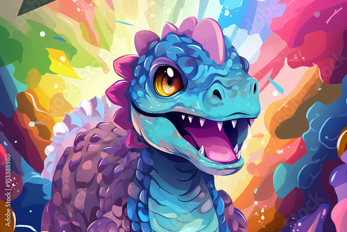 Cartoon style of cute dinosaur, abstract background, digital anime art, mythical animal