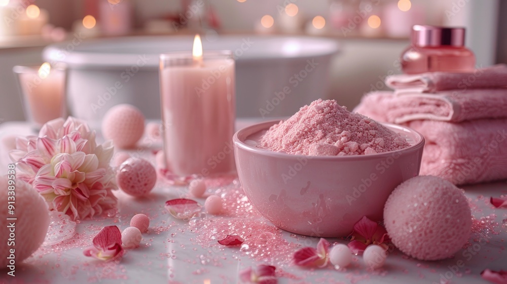 Pink bath salts in a bowl on a table with lit candles, creating a spa-like atmosphere. Pink bath salts in a bowl on a table with lit candles, creating a spa-like atmosphere.