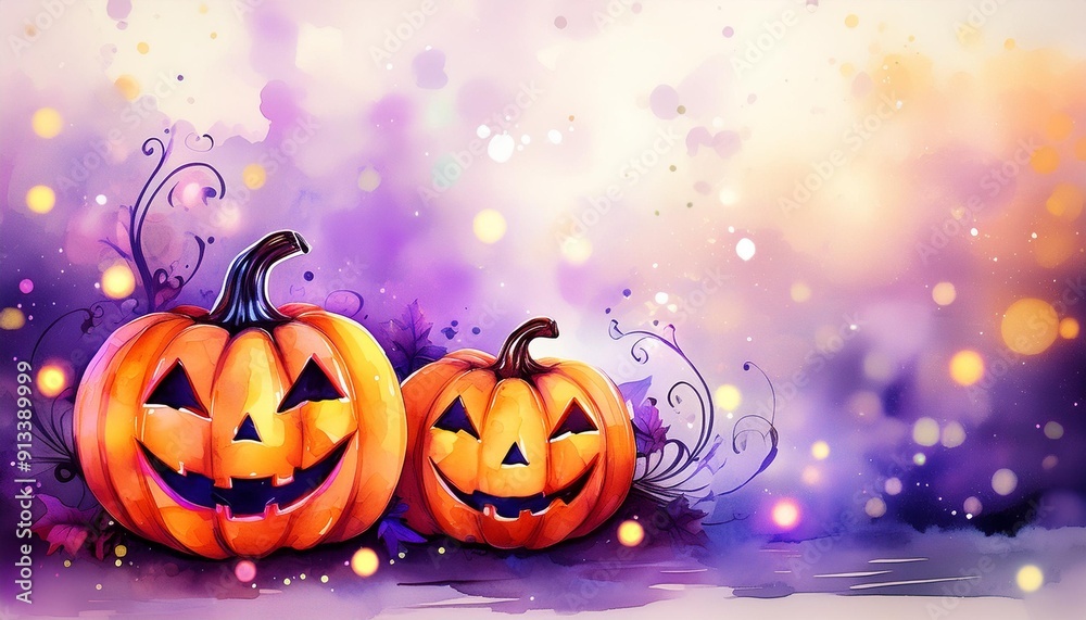 水彩画のハロウィーンのカボチャとキラキラした背景とコピースペース（watercolor Halloween Pumpkin With Lights And purple Sparkle Bokeh Background. copy space.）

