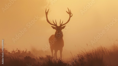 A Silhouetted Stag Stands in Golden Fog