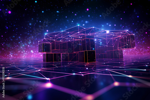 Cloud computing database design with plexus overlay 3d rendering. illustration of abstract dots and lines structure forming geometric pattern on neon technology background