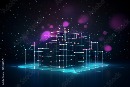 Cloud computing database design with plexus overlay 3d rendering. illustration of abstract dots and lines structure forming geometric pattern on neon technology background