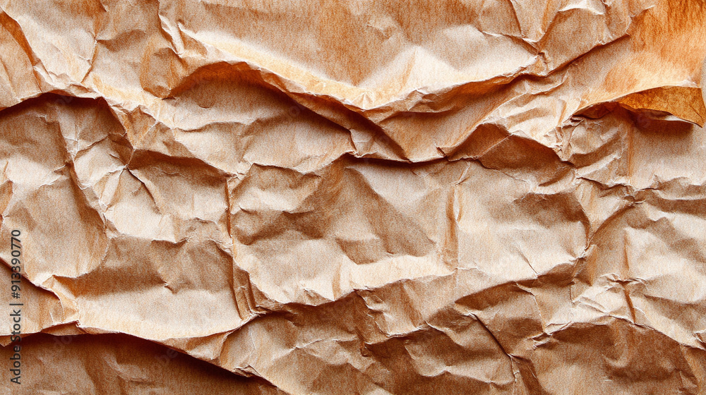 Abstract close-up of crumpled and creased brown recycled paper, highlighting texture and depth, symbolizing sustainability and eco-friendliness in a simple yet impactful visual