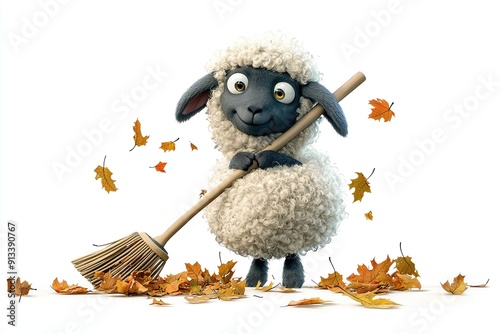 Sheep raking leaves