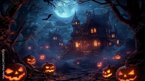 Spooky Halloween night scene with an eerie haunted house, glowing lanterns, and a full moon illuminating the dark, ominous sky.