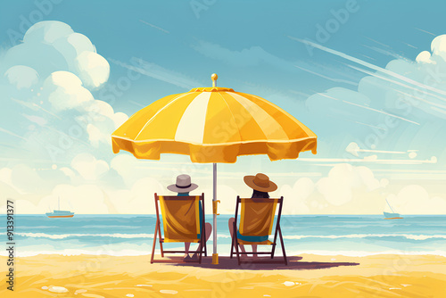 Beach summer umbrella. Beach summer couple on island vacation holiday relax in the sun on their deck chairs under a yellow umbrella. Idyllic travel background.