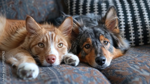 The dog and the cat are lying on the couch together. Pets are relaxing on the couch at home