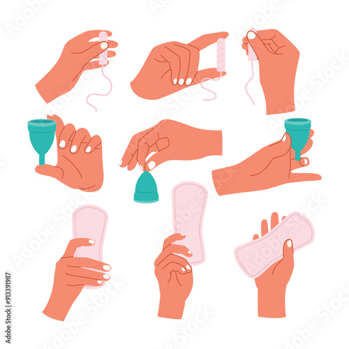 Set of beautiful female hands holding sanitary products collection, labeled sanitary napkin, menstrual cup, tampon, feminine pad packaging, Hygiene, menstruation, healthy reproduction fertility.