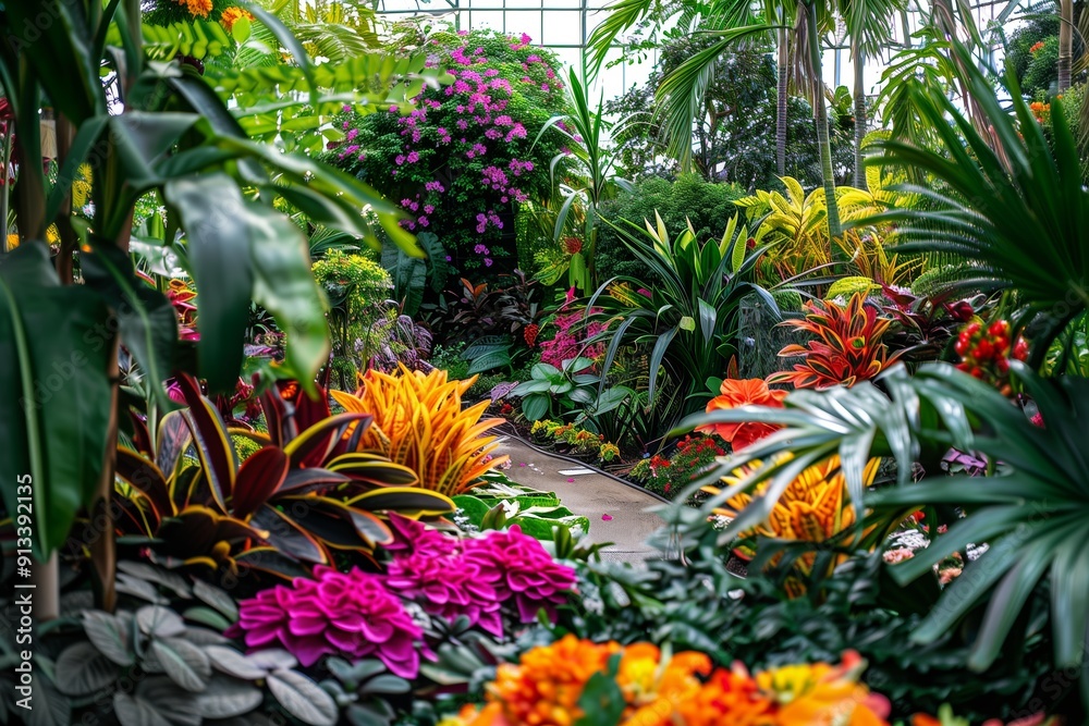 Vibrant Tropical Garden With Colorful Flowers, Lush Greenery, and Scenic Pathway During Bright Daylight Vibrant Tropical Garden With Colorful Flowers, Lush Greenery, and Scenic Pathway During Bright Daylight
