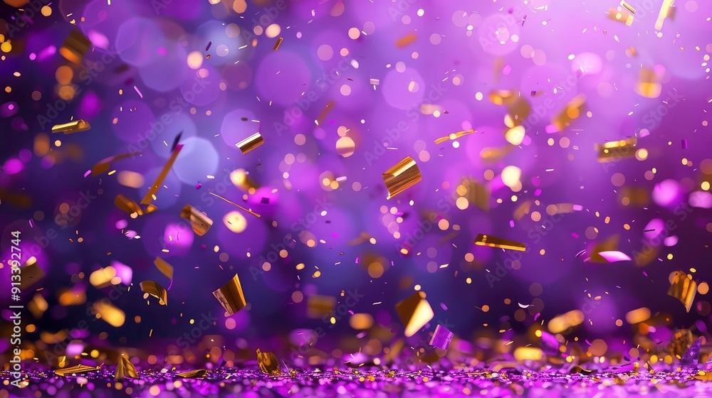 A close-up shot of a purple surface covered in gold confetti. The background is blurred, with gold and purple bokeh lights. A close-up shot of a purple surface covered in gold confetti. The background is blurred, with gold and purple bokeh lights.