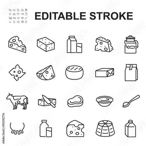 Collection of dairy product icons. Made in thin line style. Contains icons such as various shapes of cheese slices, sterilized milk, powdered milk, meat.