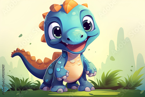 Cute dinosaur with front face, cartoon style, digital anime art, mythical animal