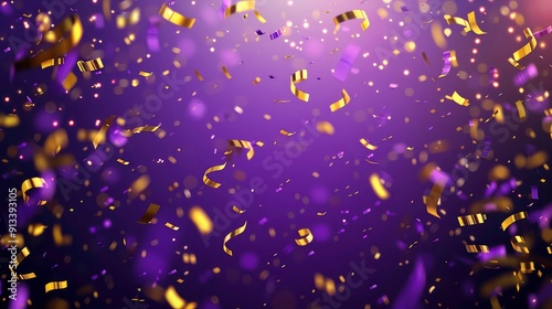 An abstract purple background with golden and purple confetti falling from the top.