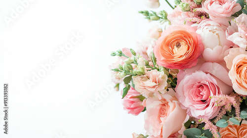 Photo of a pink and peach flowers wedding bouquet. Blank space for text, copy space for wedding greeting card, valentine. 