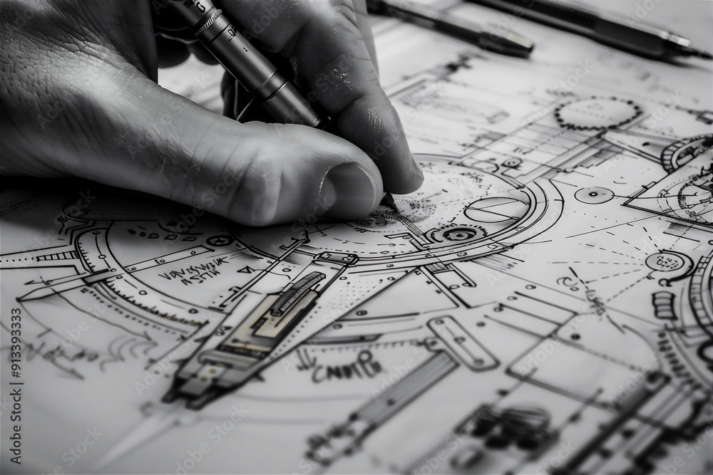 architect drawing a machine blueprint on paper architect drawing a machine blueprint on paper