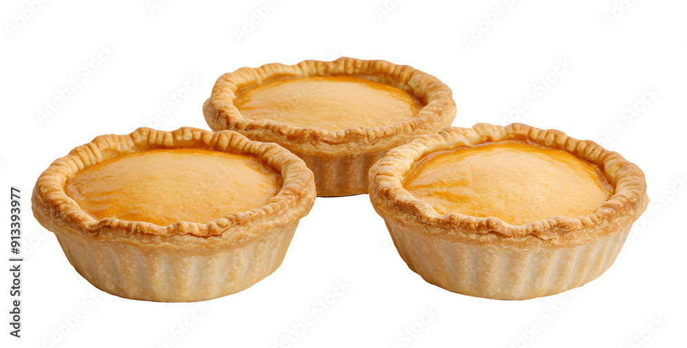 Realistic freshly baked egg tarts with golden crusts and creamy filling isolated on a transparent background Realistic freshly baked egg tarts with golden crusts and creamy filling isolated on a transparent background