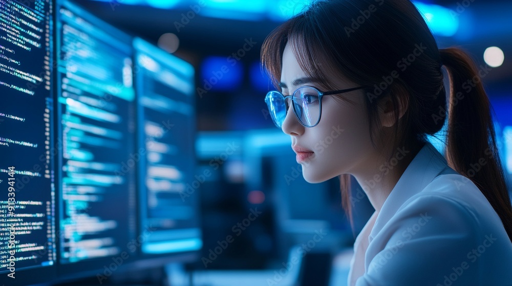 Asian woman in smart-casual attire, passionately coding a mobile app in a tech incubator, surrounded by futuristic devices and neon lighting