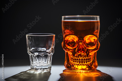 Drink bottle and glass with alcohol content. Image of translucent skull in glass. Alcoholism, addiction or poison concept