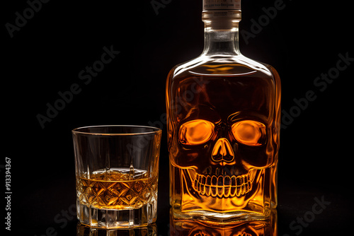 Drink bottle and glass with alcohol content. Image of translucent skull in glass. Alcoholism, addiction or poison concept