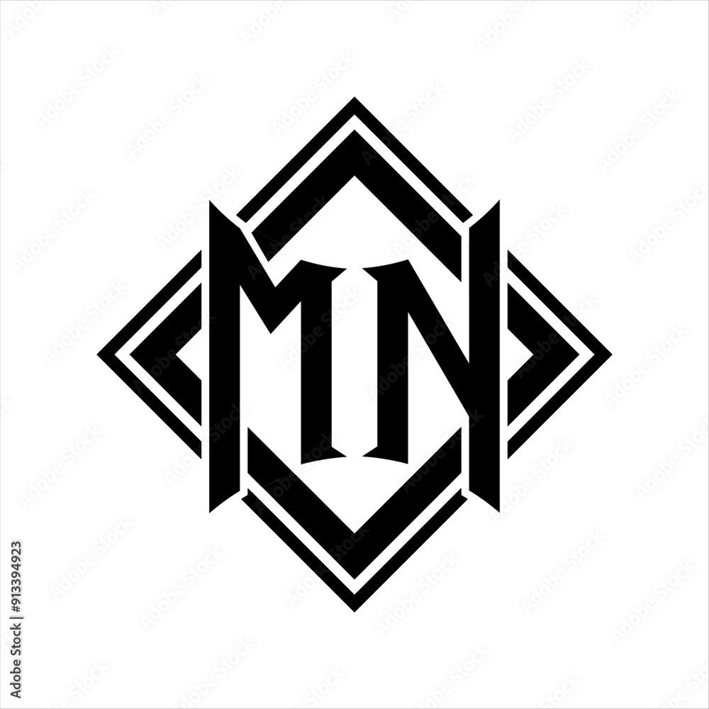 MN Letter logo with abstract shield shape with square black outline on white background design MN Letter logo with abstract shield shape with square black outline on white background design