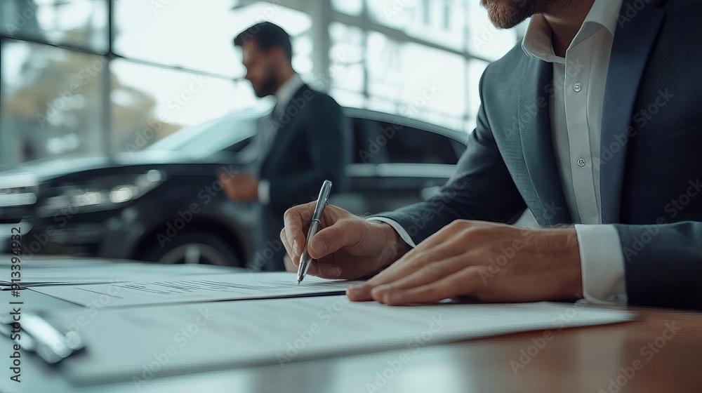 A businessman signs a car purchase or lease contract agreement with a car salesman including car insurance details A businessman signs a car purchase or lease contract agreement with a car salesman including car insurance details