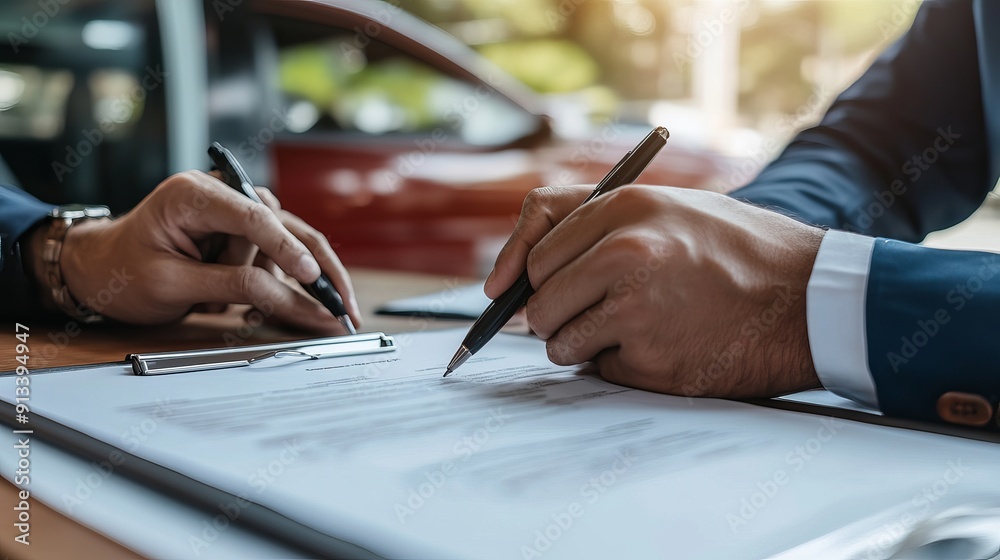 A businessman signs a car purchase or lease contract agreement with a car salesman including car insurance details A businessman signs a car purchase or lease contract agreement with a car salesman including car insurance details