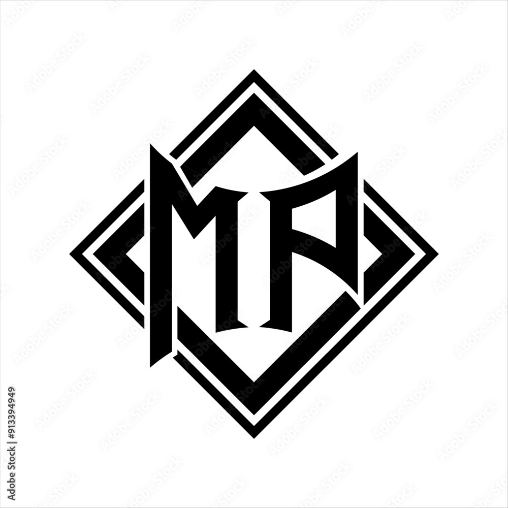 MP Letter logo with abstract shield shape with square black outline on white background design MP Letter logo with abstract shield shape with square black outline on white background design