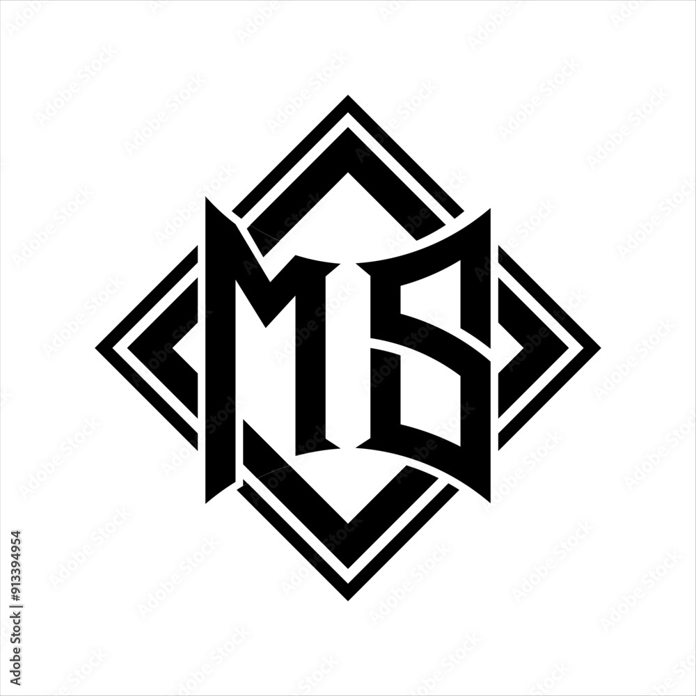 MS Letter logo with abstract shield shape with square black outline on white background design MS Letter logo with abstract shield shape with square black outline on white background design