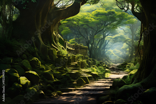 Enchanting Forest Path In Anime Art Style. stone pathway winding through a lush forest, reminiscent of anime art and junglecore.