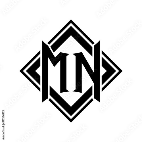 MN Letter logo with abstract shield shape with square black outline on white background design