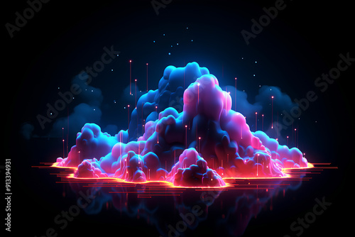 Enchanting Neon Elements, Cloud and Abstract 3D Render. These visuals combine neon lights, clouds, and triangular shapes to create captivating artistry.