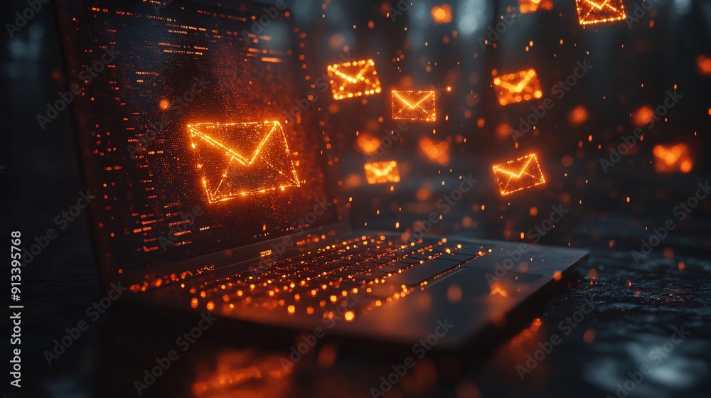 A laptop with a bright orange email icon in the center and several smaller email icons, seemingly flying out of the screen
A laptop with a bright orange email icon in the center and several smaller email icons, seemingly flying out of the screen