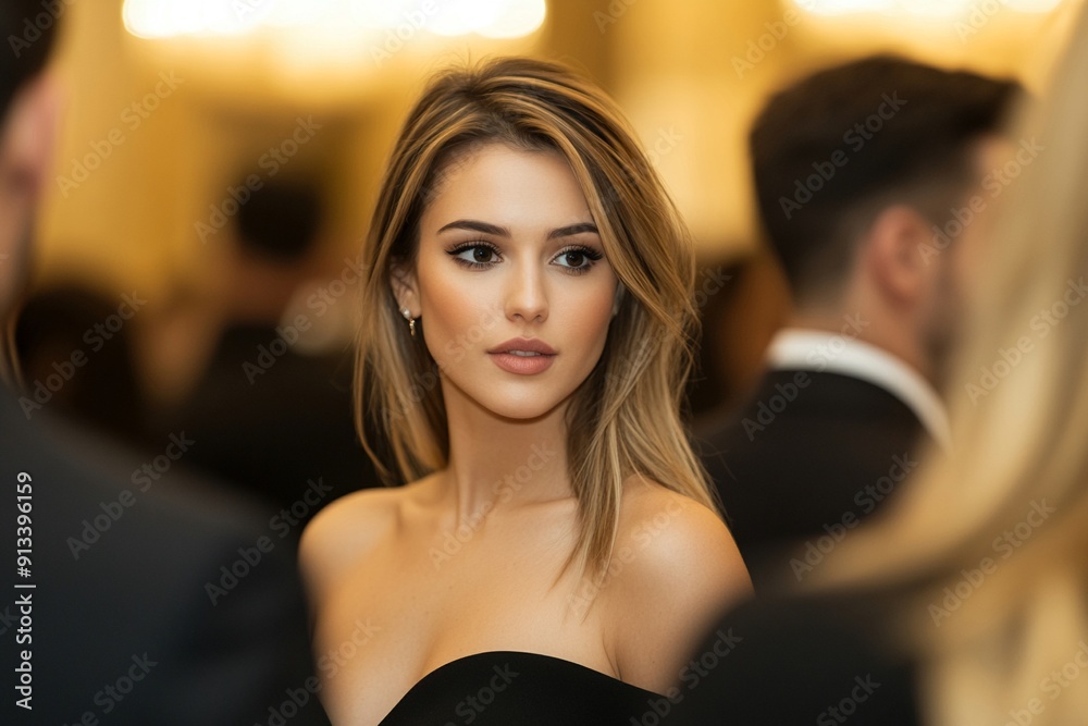 Young American woman in a stylish formal dress, engaged in conversation at a luxurious business networking event, grand chandeliers illuminating the scene Young American woman in a stylish formal dress, engaged in conversation at a luxurious business networking event, grand chandeliers illuminating the scene