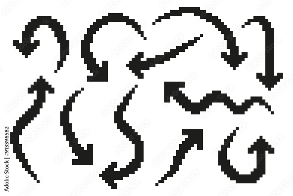 Pixel art arrow icons set. Collection of pixel thick arrows in different directions. Vector illustration on isolated background. Pixel art arrow icons set. Collection of pixel thick arrows in different directions. Vector illustration on isolated background.