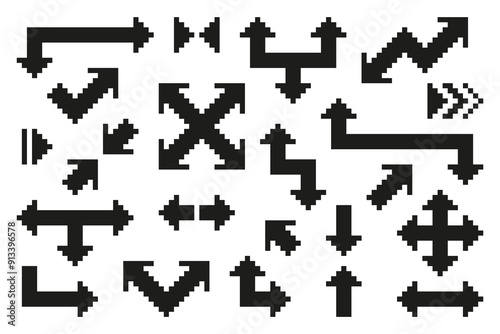 Collection set pixel black arrow in different directions, vector illustration on isolated background.