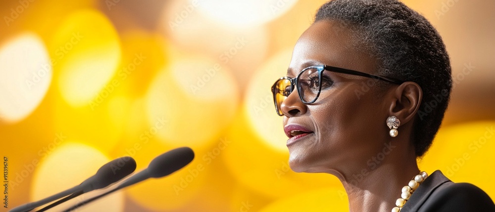 A fashionable African woman, senior in age, skillfully moderating a debate at a high-profile corporate summit, exuding wisdom and confidence A fashionable African woman, senior in age, skillfully moderating a debate at a high-profile corporate summit, exuding wisdom and confidence