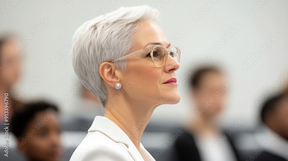 A silver-haired professional woman in her 50s mentors a diverse group of young entrepreneurs in a modern classroom. The students include Asian, African, and American individuals. A silver-haired professional woman in her 50s mentors a diverse group of young entrepreneurs in a modern classroom. The students include Asian, African, and American individuals.