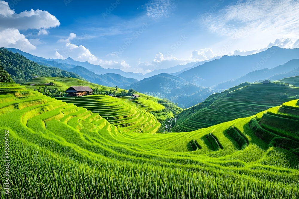 Lush rice fields in the mountainous area Lush rice fields in the mountainous area