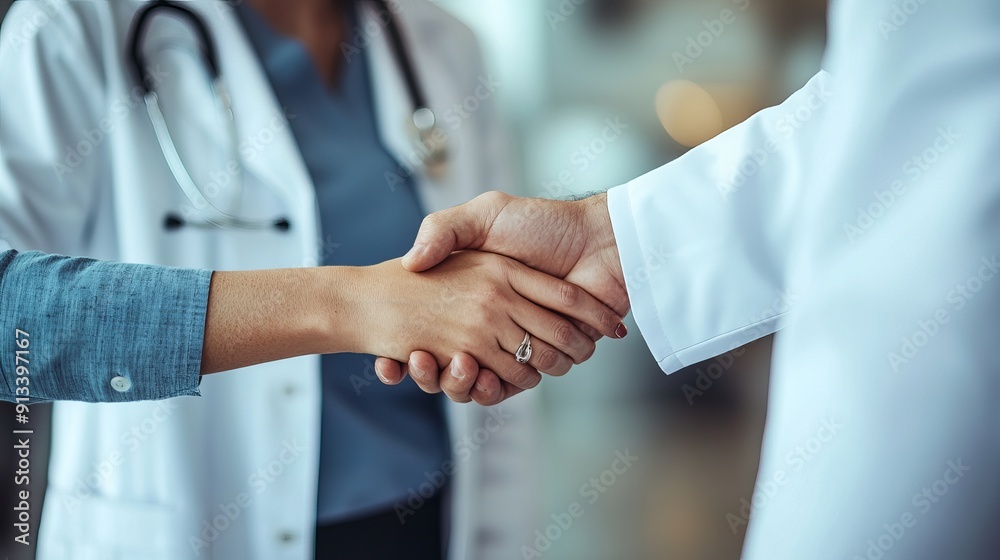 A pharmaceutical sales representative shakes hands with a female doctor in a medical building while a hospital director consults with healthcare staff A pharmaceutical sales representative shakes hands with a female doctor in a medical building while a hospital director consults with healthcare staff